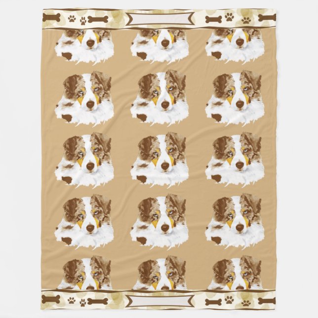 Red Merle Aussie w/Tan Leaves cust. Fleece Blanket (Front)