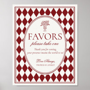 Red Merlot Harlequin Chequered Wedding Favours Sig Poster