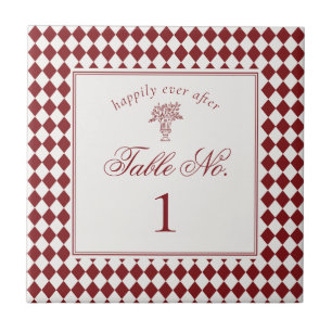 Red Merlot Harlequin Chequered Wedding Table Numbe Tile