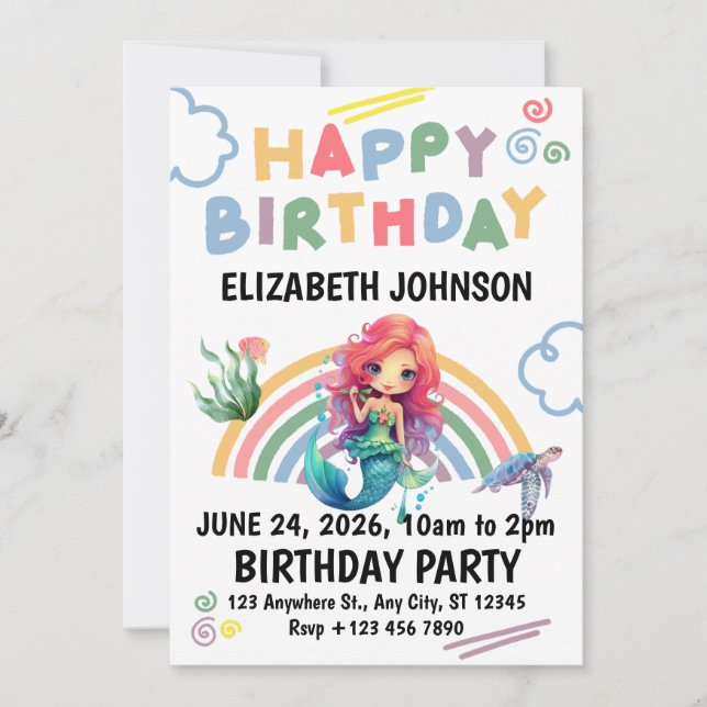 Red Mermaid Birthday Party Invitation in White (Front)