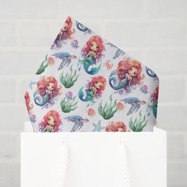 Red Mermaid Birthday Tissue Paper in White (Gift Bag)