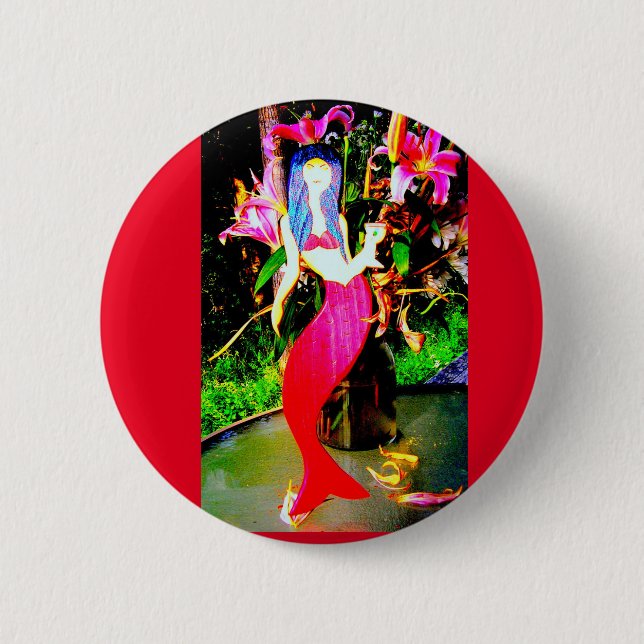 red mermaid partying 2 inch round button (Front)