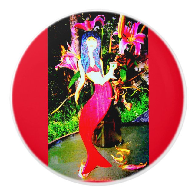 red mermaid partying ceramic knob (Front)