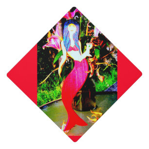 red mermaid partying graduation cap topper