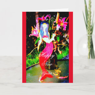 red mermaid partying Happy New Year Holiday Card
