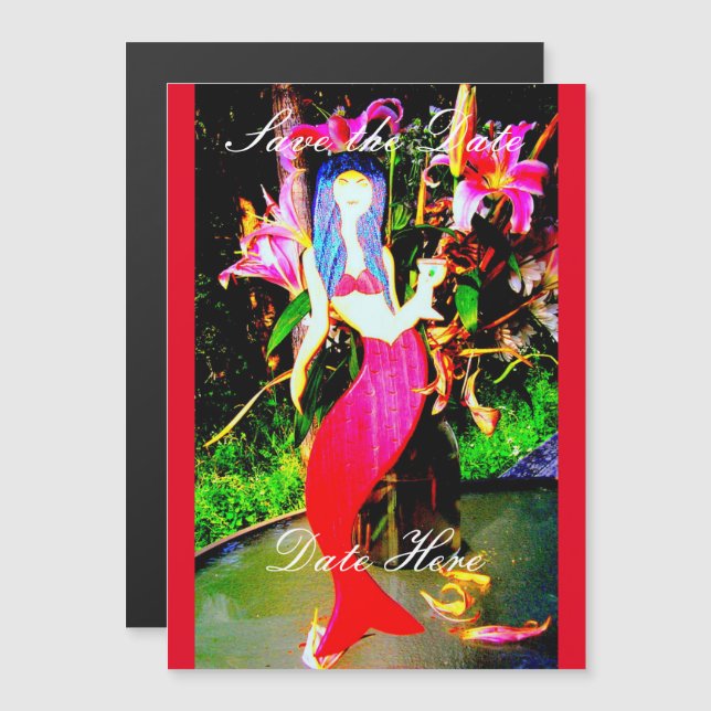 red mermaid partying magnetic invitation (Front/Back)