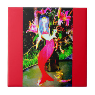 red mermaid partying tile