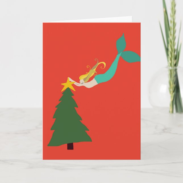 Red Mermaid Placing Star On Tree Greeting Cards (Front)