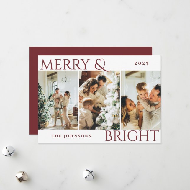 Red Merry and Bright 3 Photo Collage Holiday Card (Front/Back In Situ)