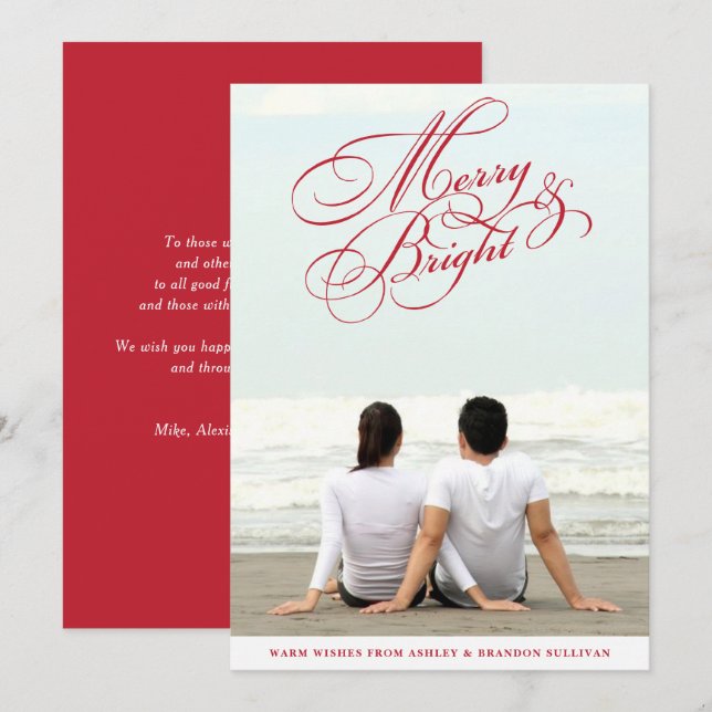 Red Merry and Bright Calligraphy Christmas Photo Holiday Card (Front/Back)