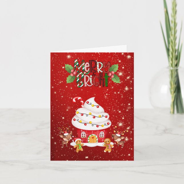 Red Merry and Bright Cupcake Holiday Card (Front)