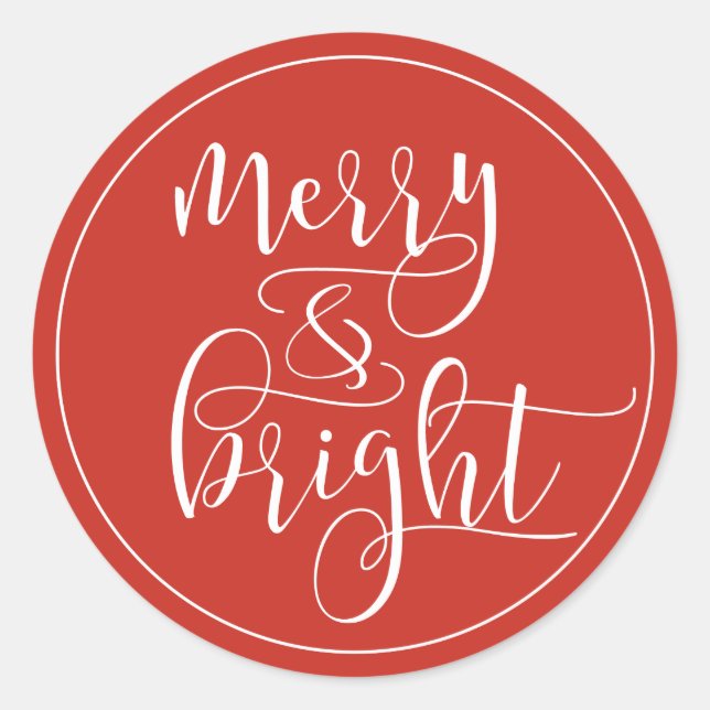 Red Merry And Bright Script Classic Round Sticker (Front)