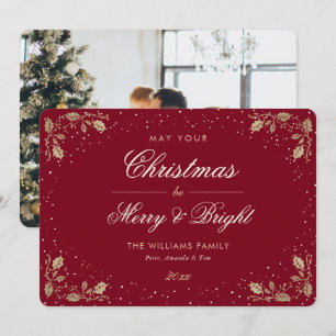Red Merry and Bright Snow Holly Photo Christmas Holiday Card