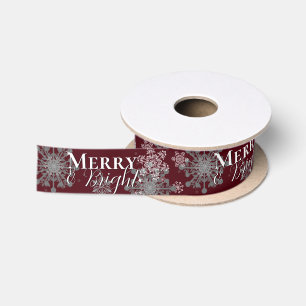 Red Merry and Bright Snowflakes Christmas Satin Ribbon