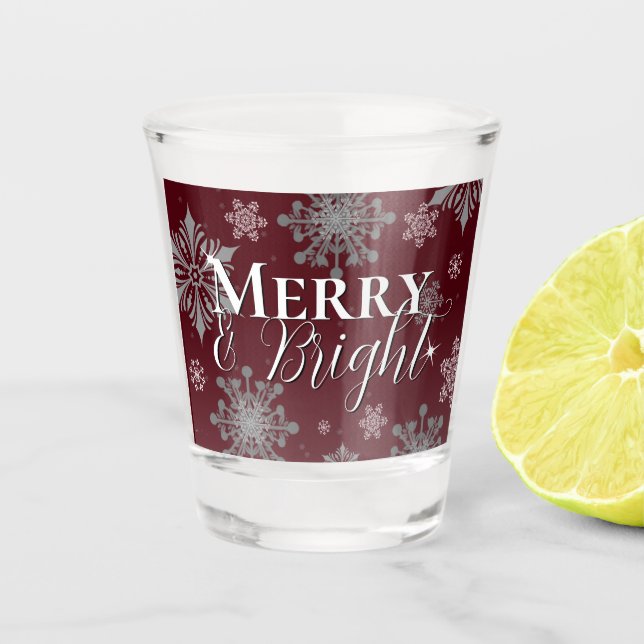 Red Merry and Bright Snowflakes Christmas Shot Glass (Front)