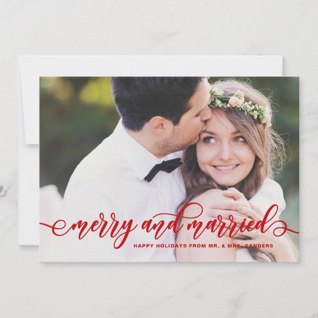 Red Merry and Married Modern Calligraphy Holiday Card (Front)