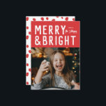 Red Merry & Bright Bold Typography Christmas Photo Holiday Card<br><div class="desc">Send on trend this year with this fresh new holiday photo card featuring modern typography with your photo below. The back features a pattern and a spot for an additional photo and sentiment. This card is completely customizable including fonts and colours.</div>