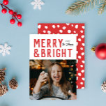 Red Merry & Bright Bold Typography Christmas Photo Holiday Card<br><div class="desc">Send on trend this year with this fresh new holiday photo card featuring modern typography with your photo below. The back features a pattern and a spot for an additional photo and sentiment. This card is completely customizable including fonts and colours.</div>