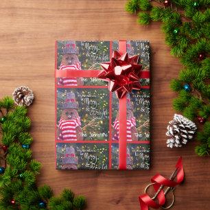 Red Merry Bright Rustic Snowman Name Cute Pattern Wrapping Paper
