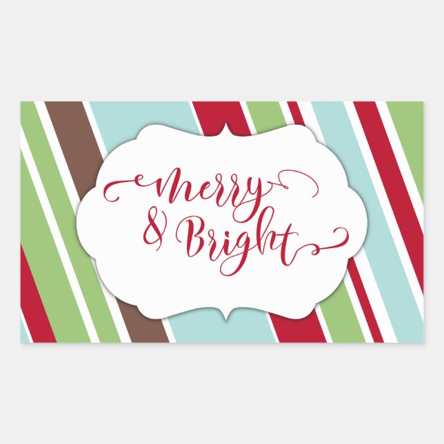 Red Merry & Bright Typography w/ Diagonal Stripes Sticker (Front)