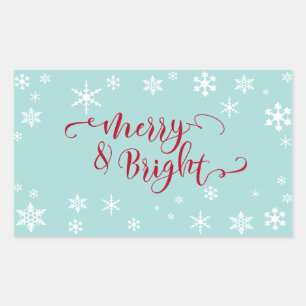 Red Merry & Bright w/ White Snowflakes on Blue Sticker