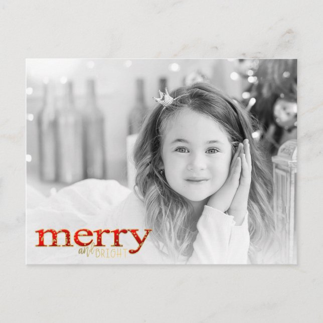 Red Merry & Bright White Gold Holiday Photo (Front)