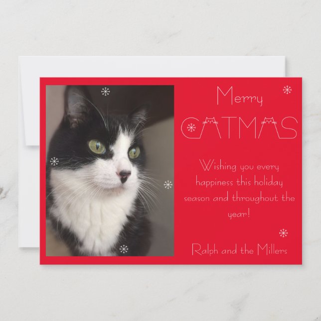 Red Merry Catmas Cat Pet Photo Holiday Card (Front)