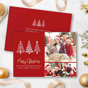 Red Merry Christmas 3 Photo Whimsical Trees Script Holiday Card