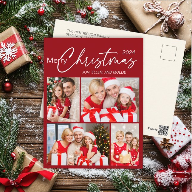 Red Merry Christmas 4 Photo Holiday Postcard (Elegant red 4-photo Christmas greeting postcard.)