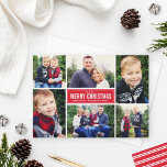 Red Merry Christmas 6 Photo Collage Holiday Card<br><div class="desc">Share warm seasonal greetings with this Merry Christmas holiday card featuring a clean six-photo collage layout. A modern red center panel highlights your holiday message in crisp white type for a timeless, neutral look. Ideal for showcasing family and kids photos with a festive feel. Back includes a coordinating red and...</div>