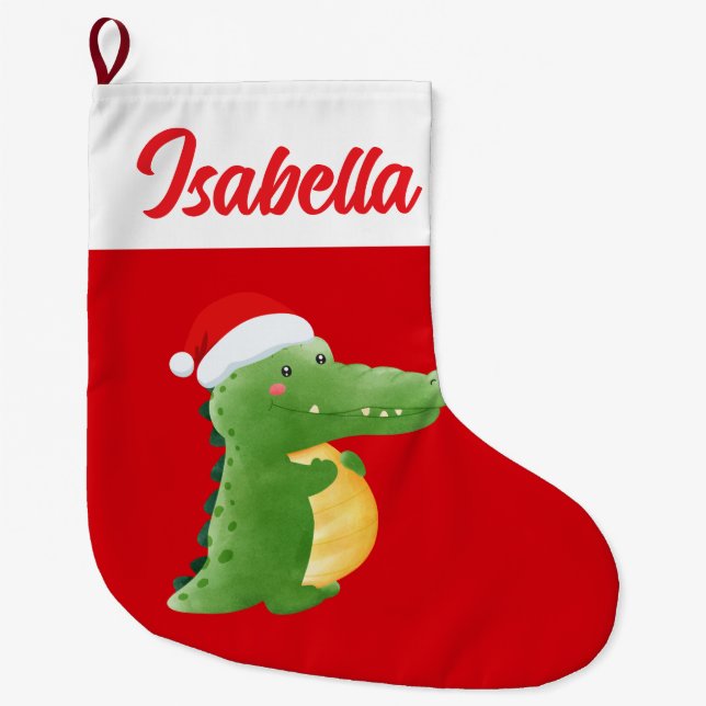 Red Merry Christmas alligator zoo Santa hat Xmas Large Christmas Stocking (Front)