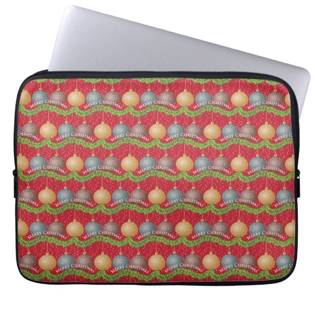 RED Merry Christmas ball ornaments pattern Laptop Sleeve (Front)