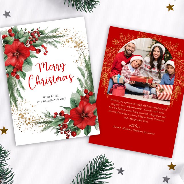 Red Merry Christmas Botanical Photo Holiday Card (Red Merry Christmas Botanical Photo Holiday Card)