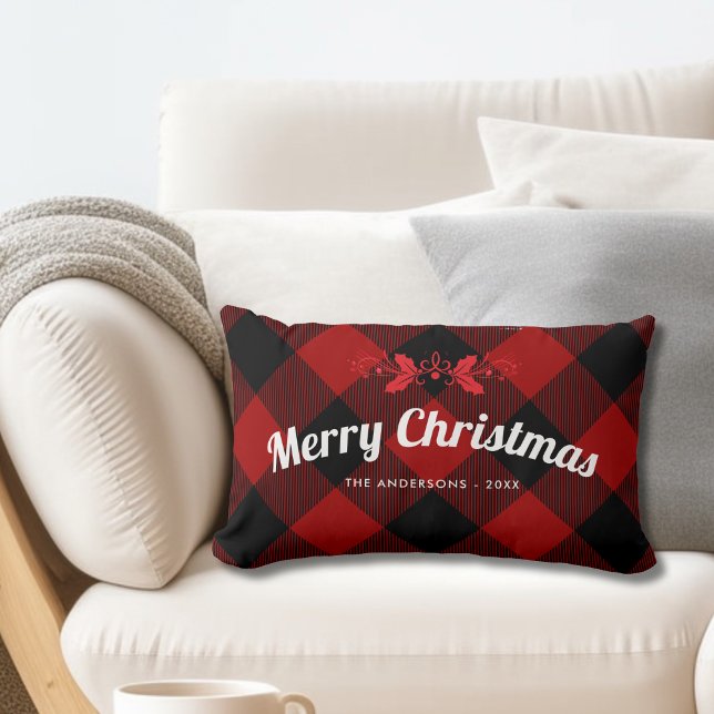 Red Merry Christmas Buffalo Plaid Lumbar Pillow (Creator Uploaded)