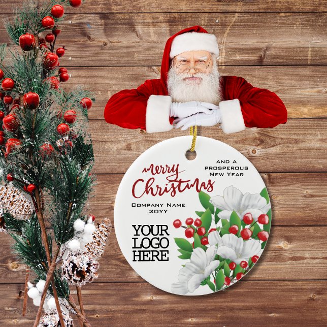 Red Merry Christmas Business Logo Berries Floral Ceramic Ornament (Creator Uploaded)