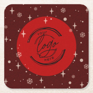 Red Merry Christmas Business Logo Snowflake Square Paper Coaster