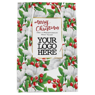 Red Merry Christmas Business Logo Winter Floral Medium Gift Bag