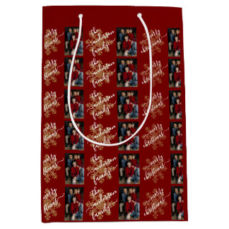 Red Merry Christmas Calligraphy Family 2 Photo Medium Gift Bag