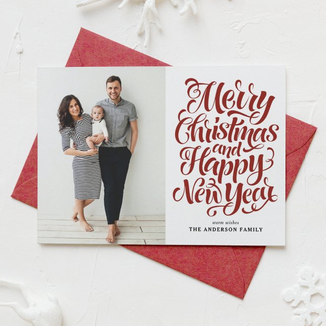 Red Merry Christmas Calligraphy Photo Holiday Card (Creator Uploaded)