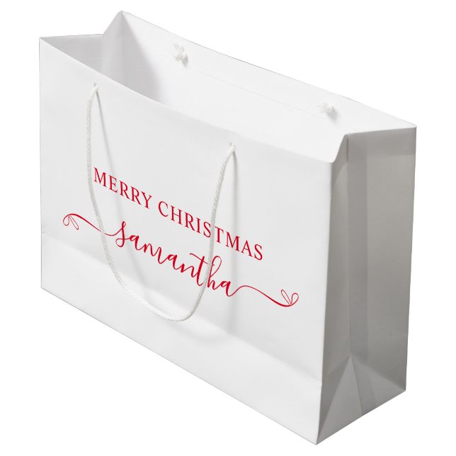 Red Merry Christmas Cute Bow Signature Name Large Gift Bag (Front Angled)
