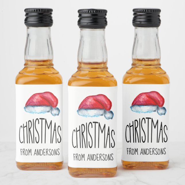 Red Merry Christmas Cute Santa Hat    Liquor Bottle Label (Bottles)