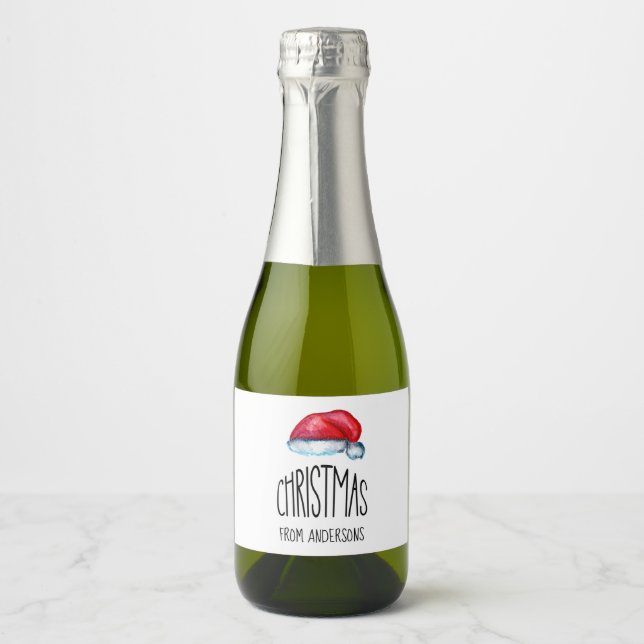 Red Merry Christmas Cute Santa Hat   Sparkling Wine Label (Front)