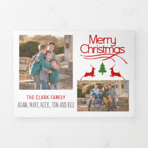 Red Merry Christmas, deer, tree pattern photo Tri-Fold Holiday Card