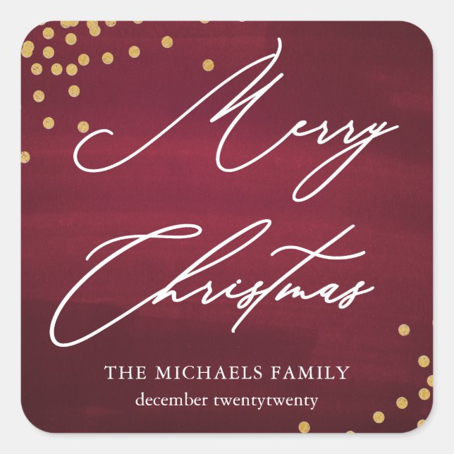 Red Merry Christmas Elegant Script with Faux Gold Square Sticker (Front)