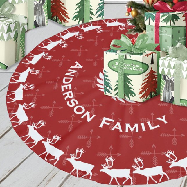Red Merry Christmas Family Name Reindeer Arrows Brushed Polyester Tree Skirt (Creator Uploaded)