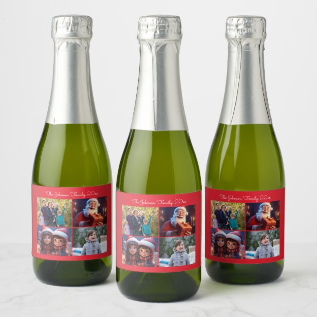 Red Merry Christmas Family Photo Sparkling Wine Label (Bottles)