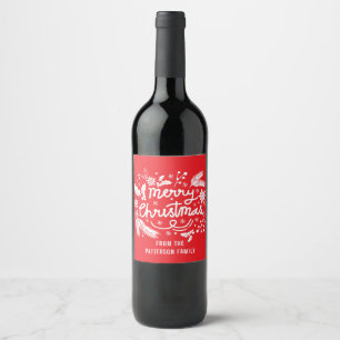 Red Merry Christmas Festive Holiday Floral Name Wine Label