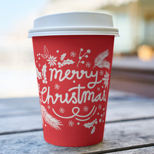 Red Merry Christmas Festive Holiday White Floral Paper Cups
