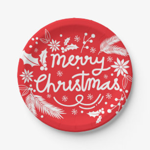 Red Merry Christmas Festive Holiday White Floral Paper Plate