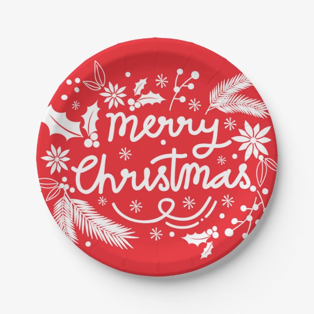 Red Merry Christmas Festive Holiday White Floral Paper Plate (Front)